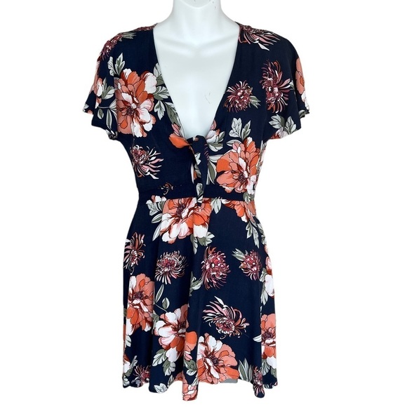 Lulus Botanic of Time Navy Blue Floral Print Tie Front Skater Mini‎ Dress - Picture 4 of 13